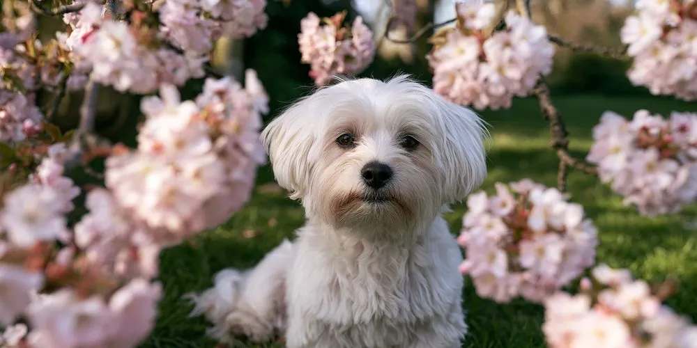 桜の花の下で芝生に座る白いマルチーズ