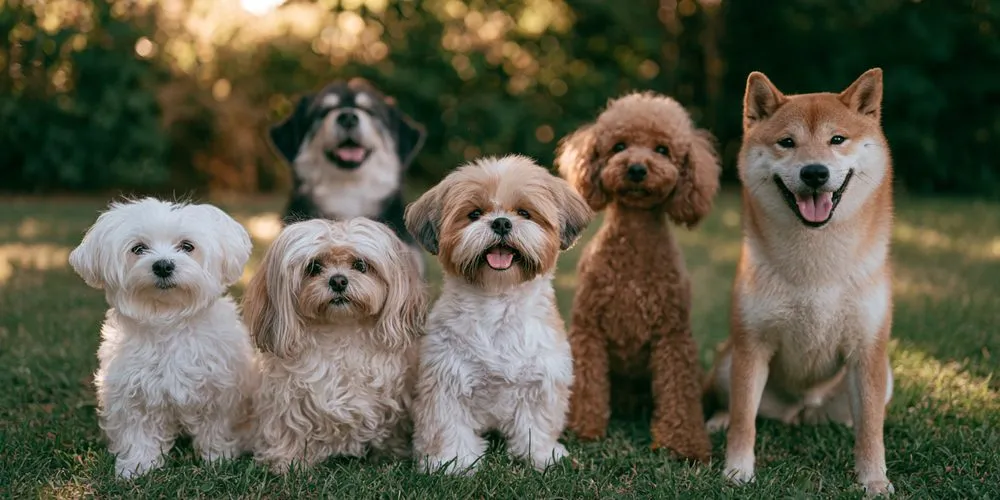 芝生に並んで座る、犬種の違う6匹の犬