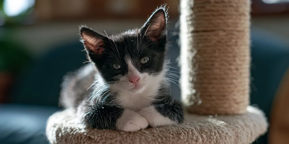 キャットタワーの上でくつろぐ白黒の子猫