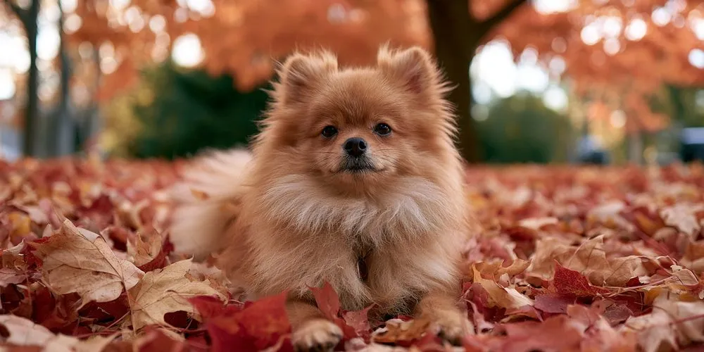 紅葉の落ち葉の上に伏せるポメラニアン