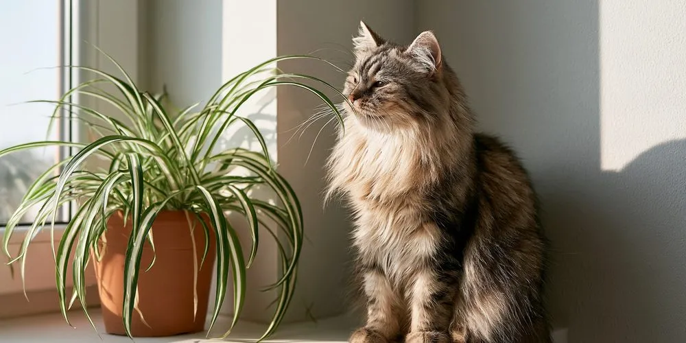窓辺でオリヅルランの横に座る長毛の猫