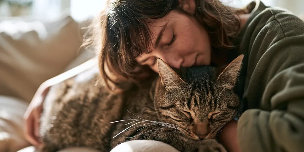 ソファで膝の上の猫を抱き、その毛に顔を寄せる飼い主
