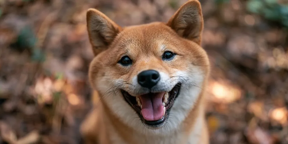 落ち葉の上で笑顔で見上げる赤柴