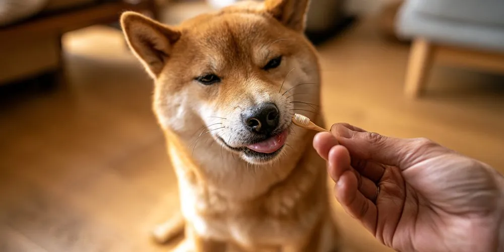 歯ブラシを口元に当てられている柴犬