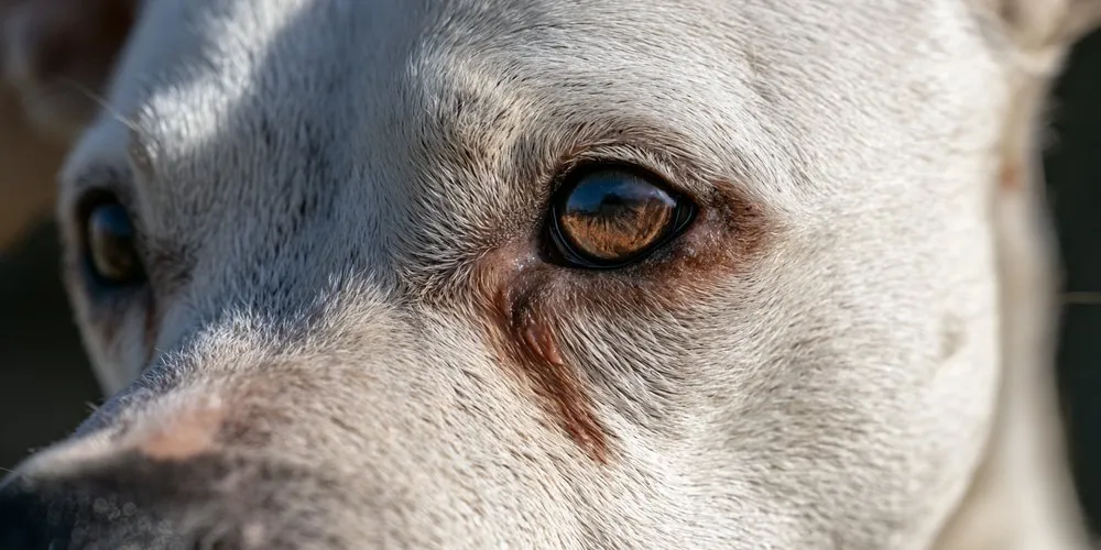 目の下に赤茶色の涙やけの筋が出ている白い犬