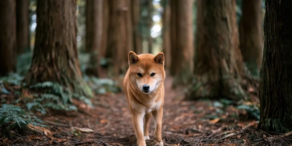 スギ林の小道をこちらへ歩いてくる柴犬
