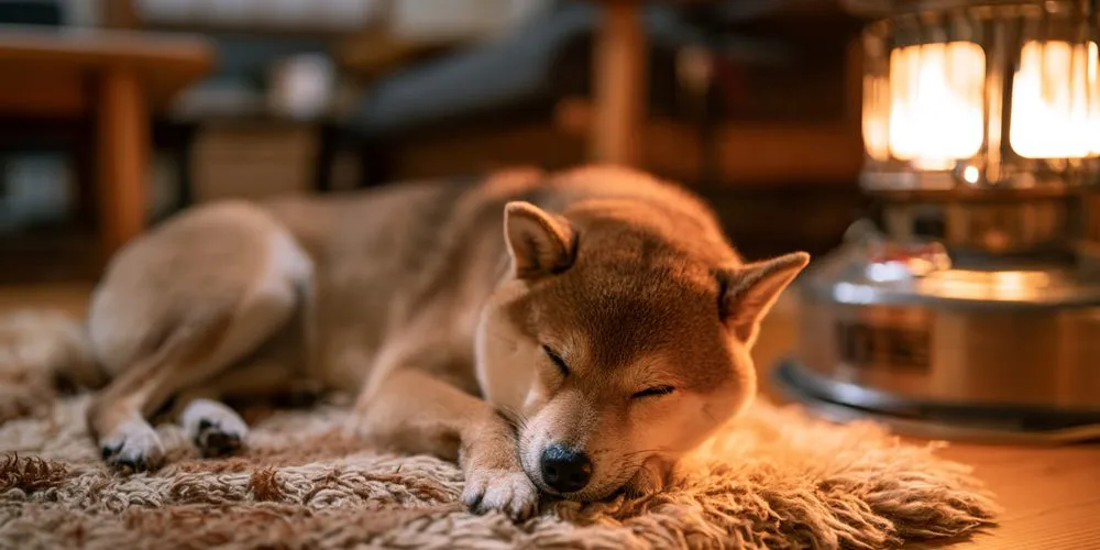 石油ストーブのそばのラグで丸くなって眠る柴犬