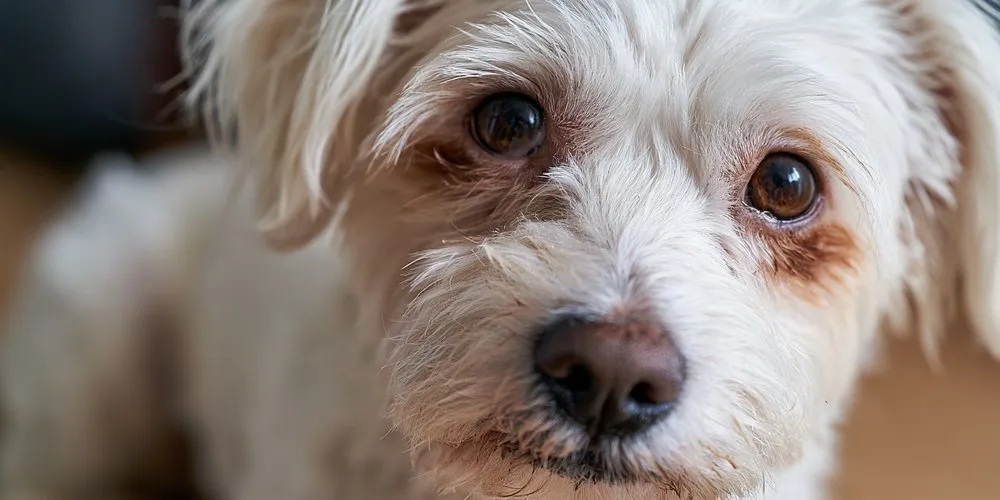 左右で涙やけの濃さが違う白い小型犬