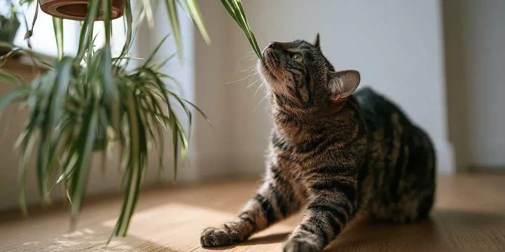吊り鉢のオリヅルランの葉先に鼻を近づける猫