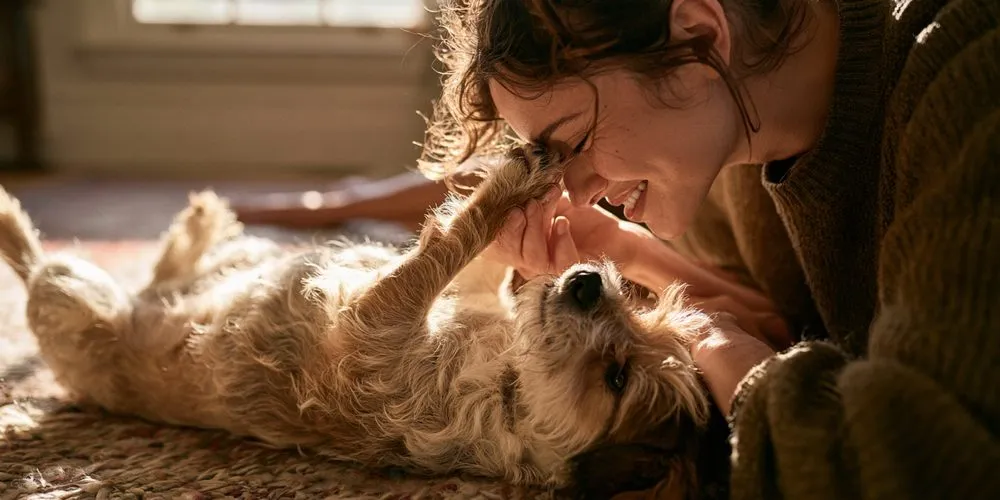 ラグの上で、仰向けになった犬の前足のにおいを嗅ぐ飼い主