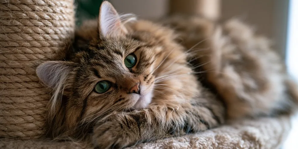 目のまわりを見せて横になる長毛のキジトラ猫