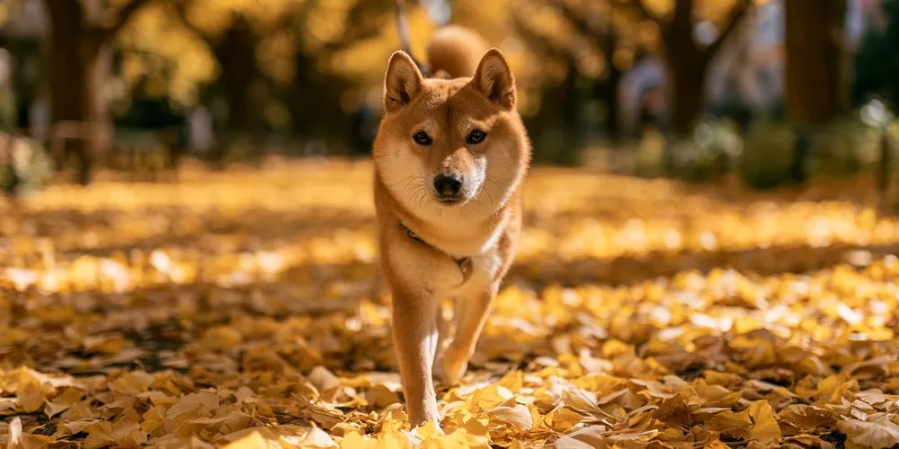銀杏並木の落ち葉の道を歩いてくる柴犬
