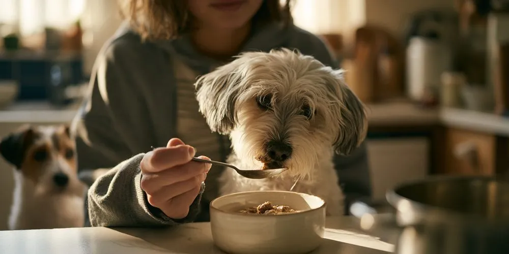 キッチンでスプーンから柔らかいフードをもらう白い犬