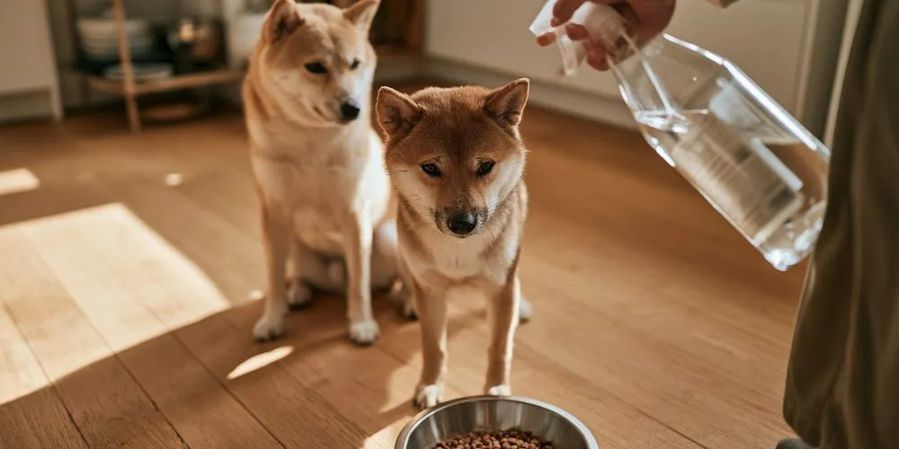 フードにスプレーするのを、座って待つ2匹の柴犬