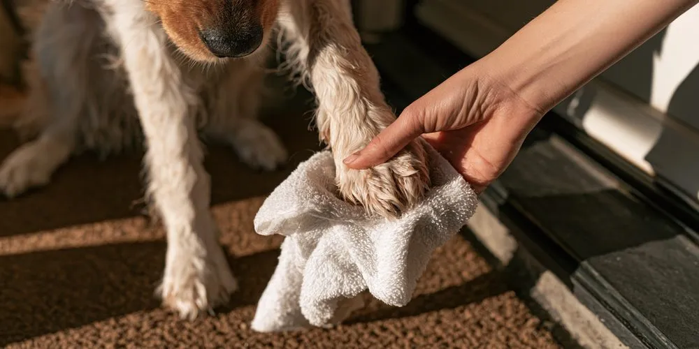 玄関マットの上で、白いタオルで犬の前足を乾かす手