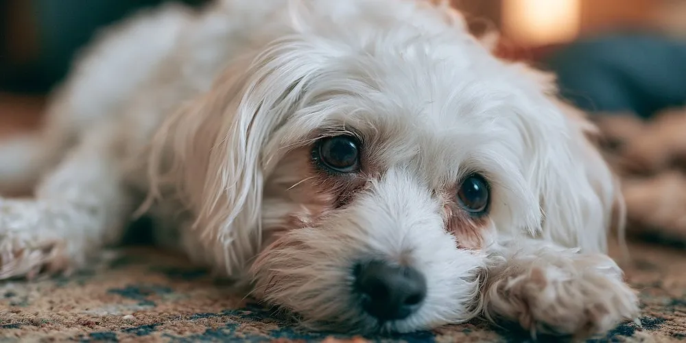 両目の下が赤茶色に変色した白い長毛の犬