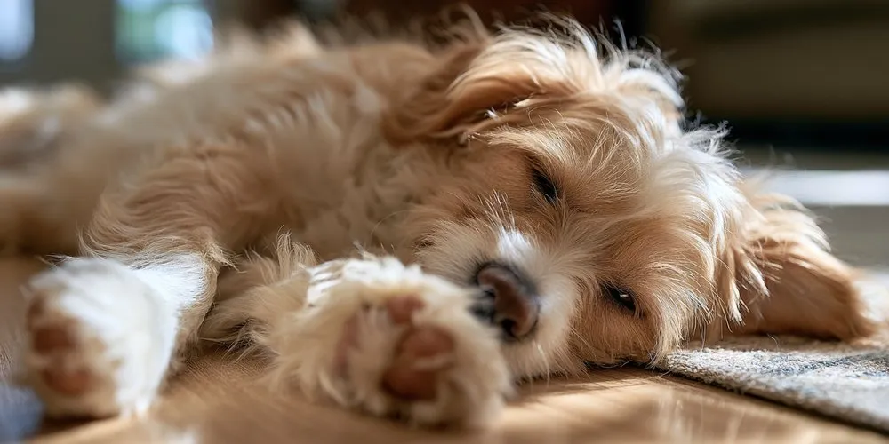床で休むクリーム色の犬の前足