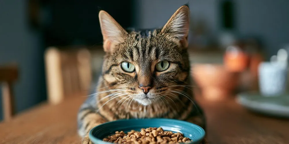 フードの器の前に座って食べずにこちらを見るキジトラ猫