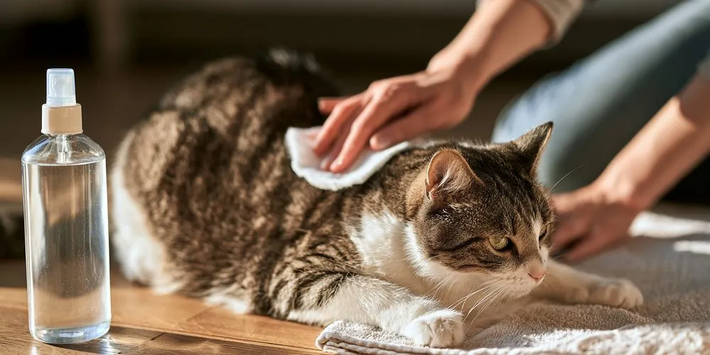 タオルの上の猫の背中をコットンで拭く手。横に文字のないスプレーボトル