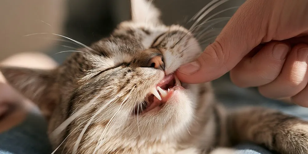 頬の上から唇を持ち上げられて、奥歯が見えている猫