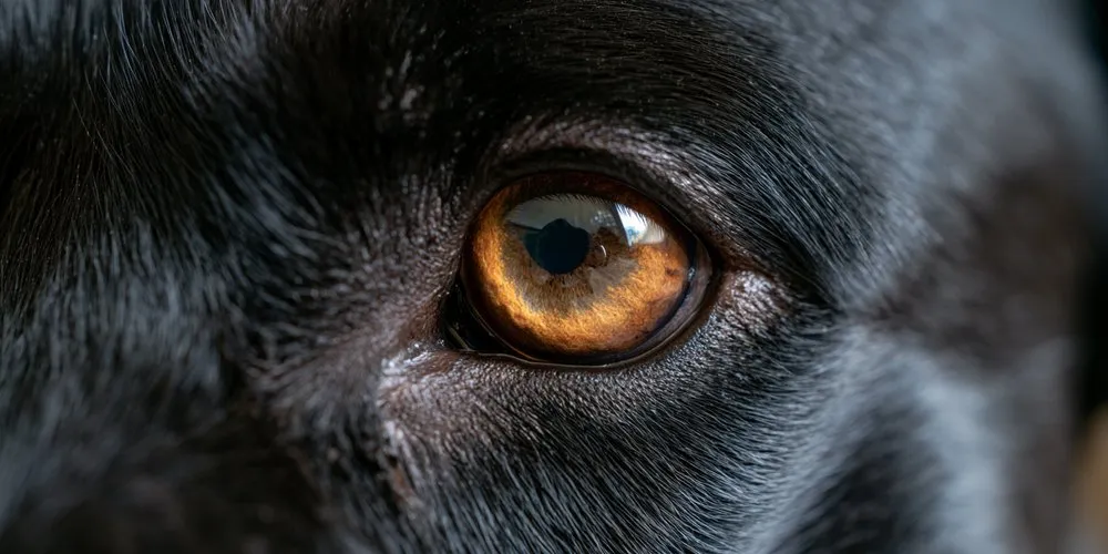 目頭が涙で濡れている黒い犬の目のアップ