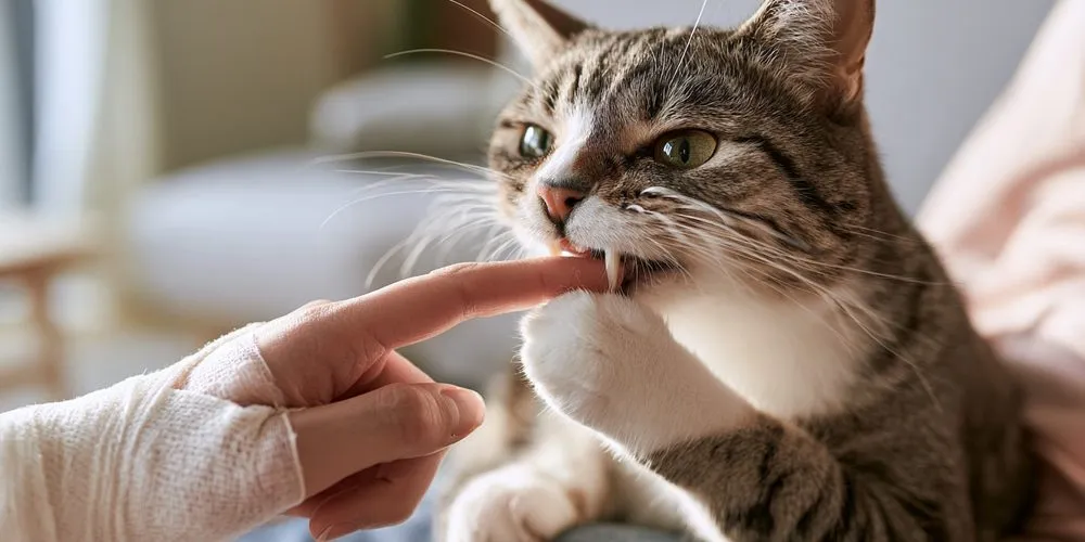 ガーゼを巻いた手の指で、前歯に触れられている猫