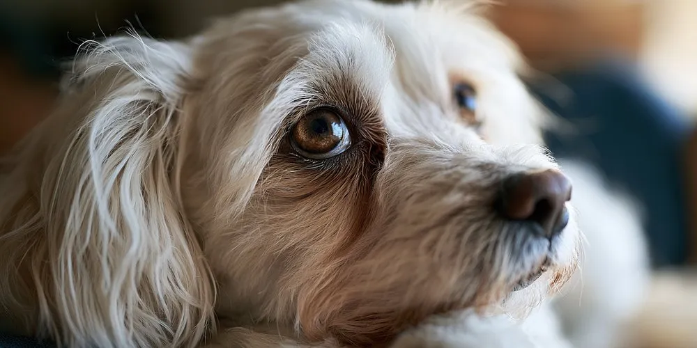 目のまわりが変色した白い犬の横顔