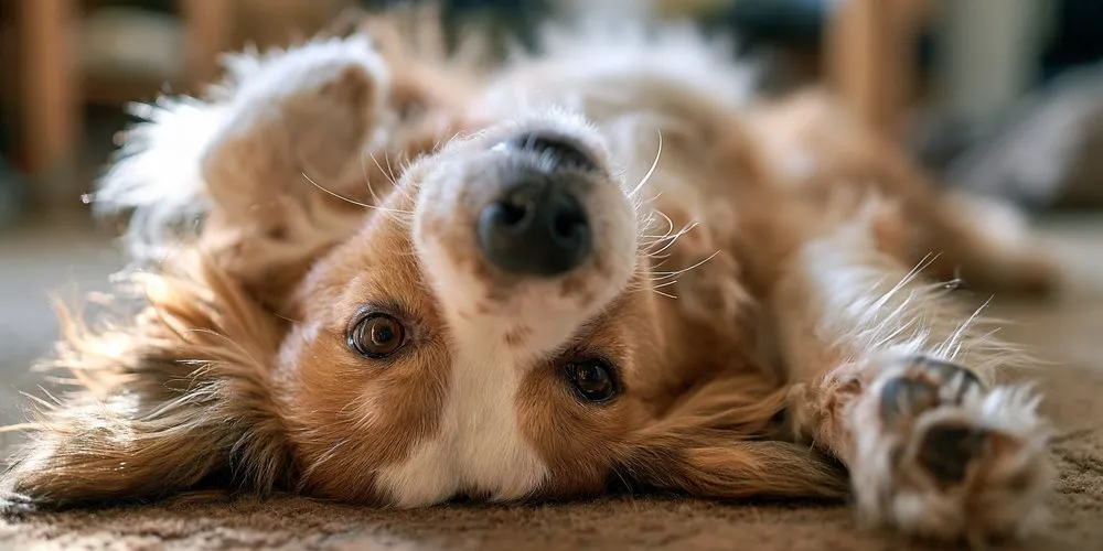 仰向けで休む犬の顔と前足