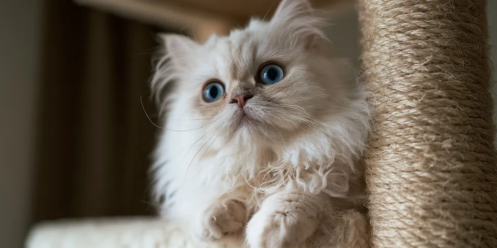 大きな青い目で見上げるクリーム色のペルシャの子猫