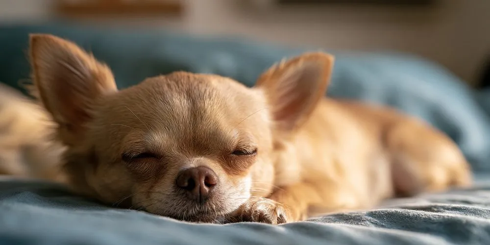 ベッドの上で眠るチワワ