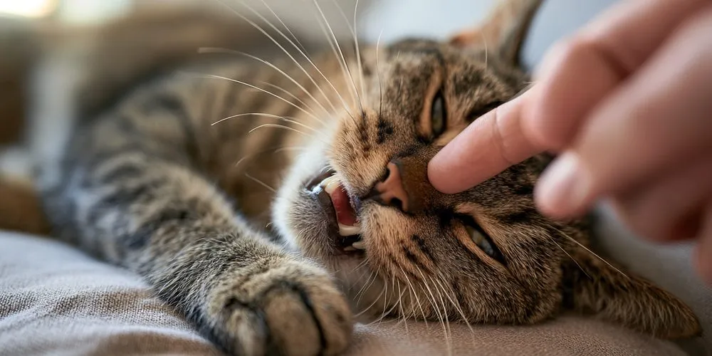 指で唇を持ち上げられても、おとなしくしているキジトラの猫