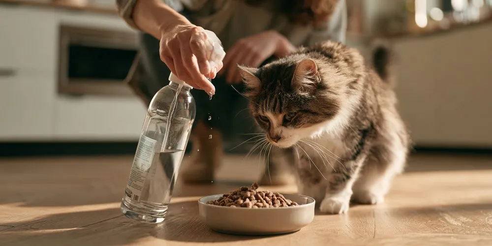 床に置いたフードの器に、ボトルから液体をかける飼い主と、待っている猫