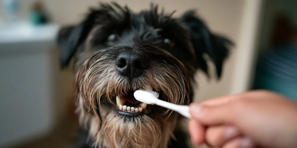 歯ブラシを近づけられている黒い犬