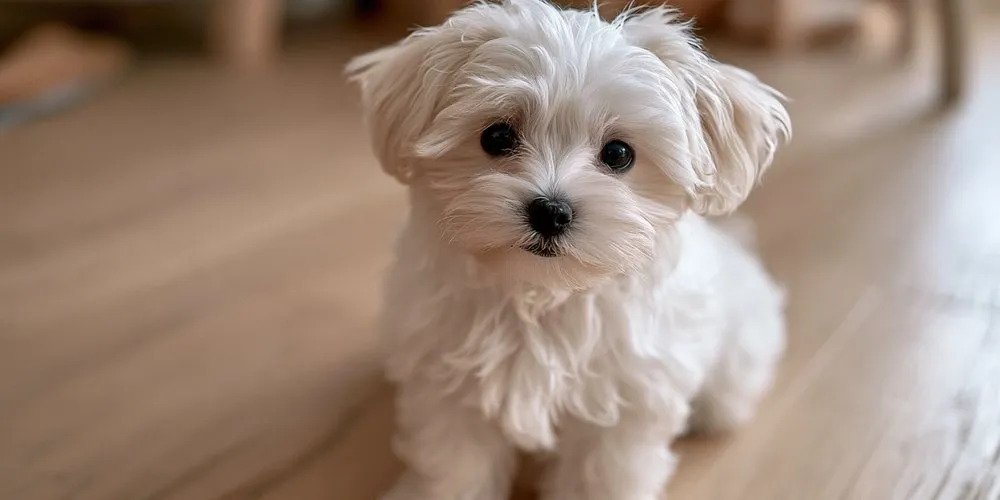 床に座ってこちらを見上げるマルチーズの子犬