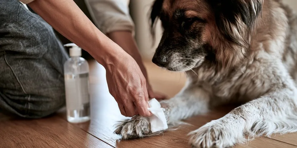 床に座り、コットンで犬の前足を拭く飼い主。横に文字のないボトル