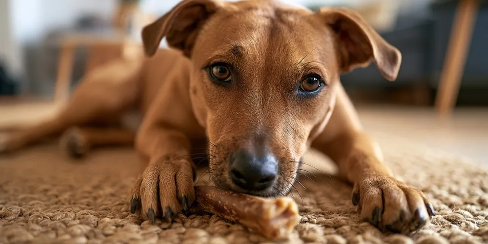 ラグの上で、ガムをかじる犬