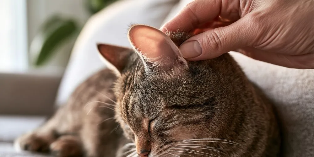 ソファの上で、耳をめくられて中を見せている猫