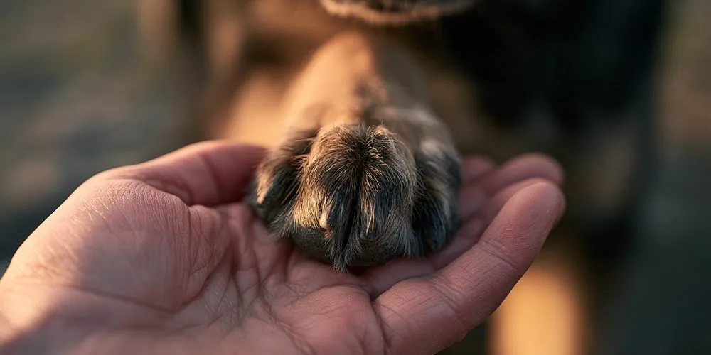 手のひらに乗せた犬の前足。肉球と指の間の毛のアップ