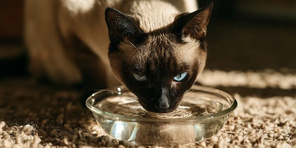ガラスの器から水を飲むシャム猫