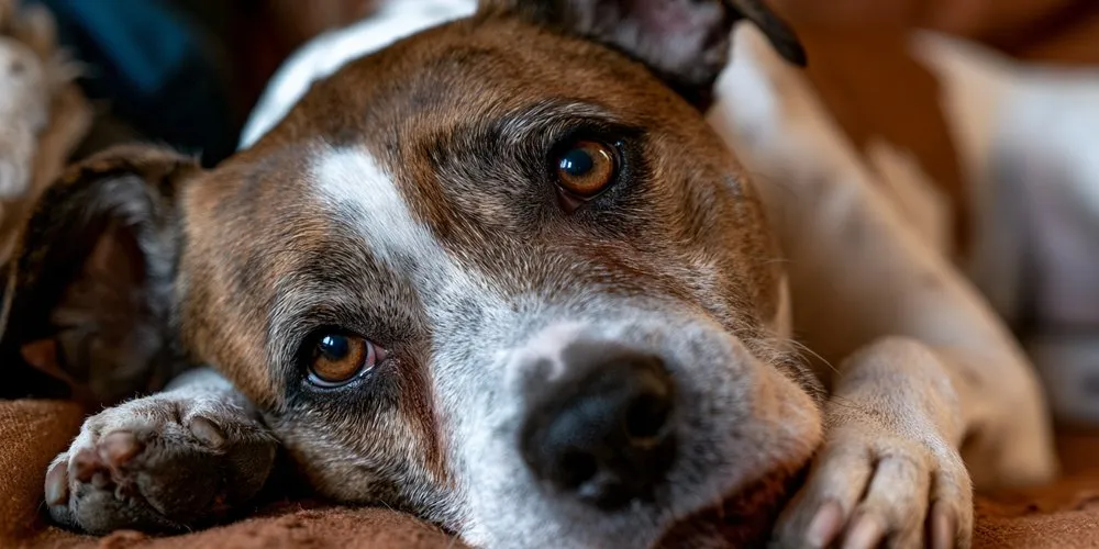 ソファに顔を伏せてこちらを見る犬