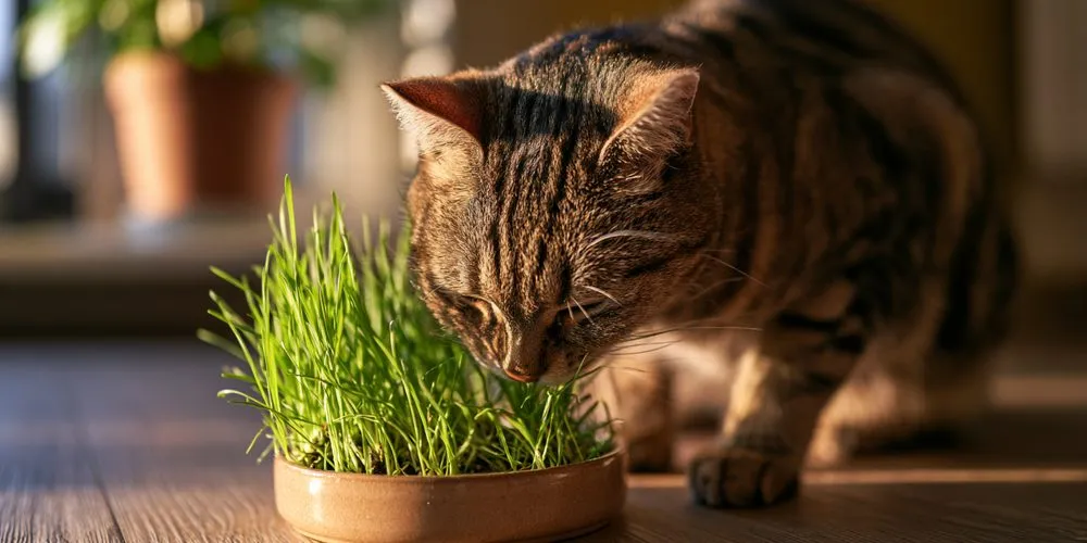 床の鉢に生えた猫草を食べる猫。背後の棚に観葉植物