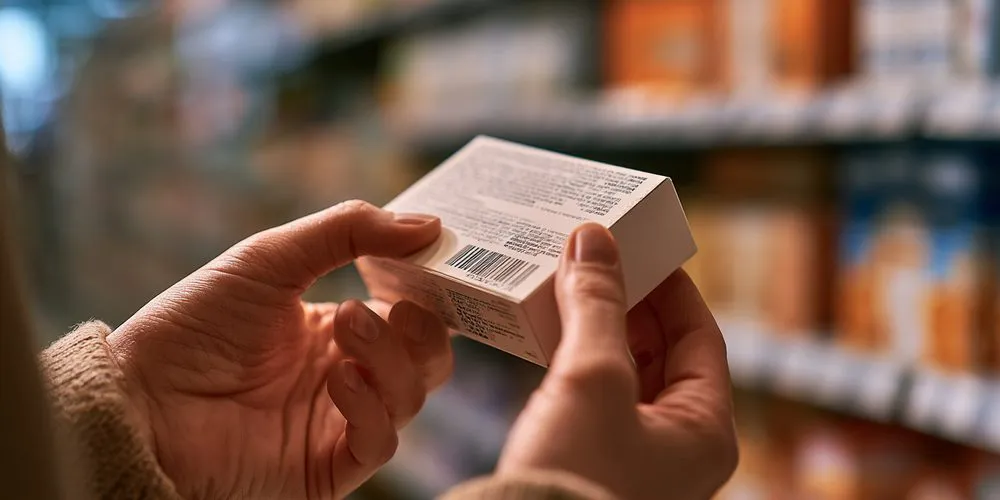 店の棚の前で、デンタル用品の箱の裏面を読む手