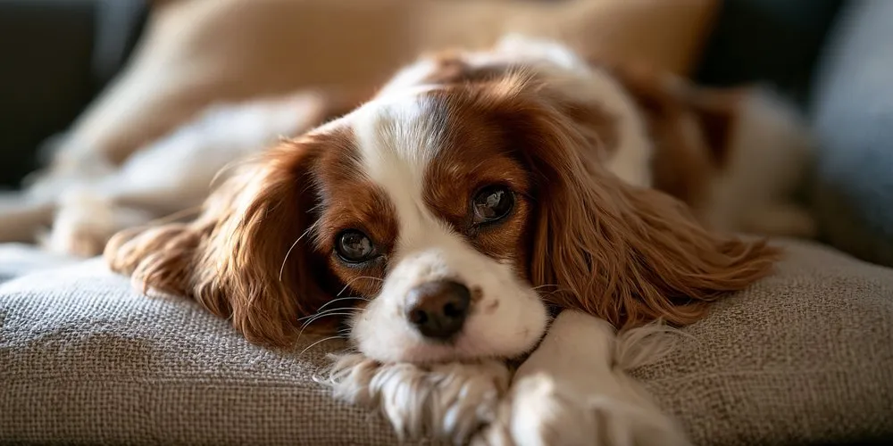 ソファのクッションに伏せるキャバリア