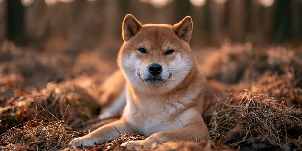 枯れ草の上で伏せる密な毛の柴犬