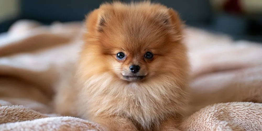 毛布の上に座るポメラニアンの子犬