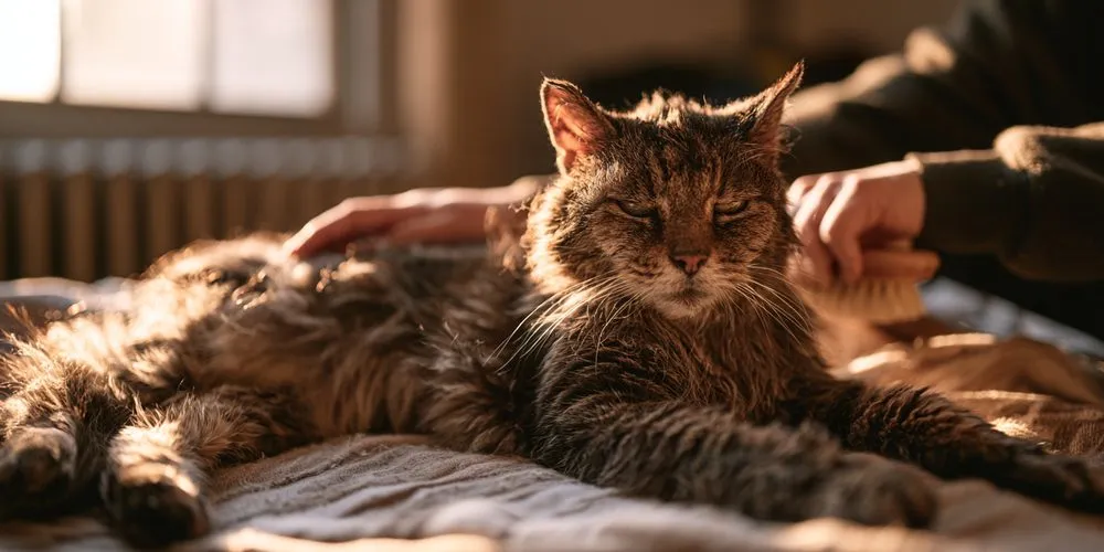 毛布の上で、背中の付け根をブラッシングされている老猫