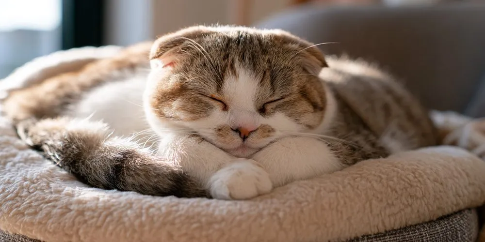 猫用ベッドで丸くなって眠るスコティッシュフォールド