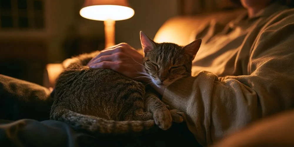 夜のリビングで、飼い主の膝の上で眠る猫