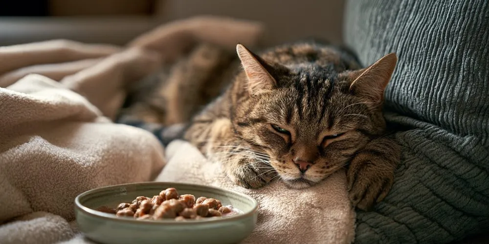 毛布の上で目を閉じて休む猫と、ウェットフードの器
