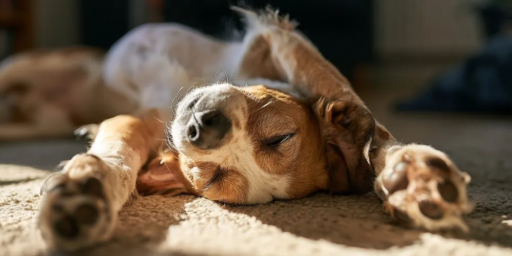 仰向けで両前足の肉球を見せる犬